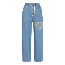 Washed Diamond Hollow Heart Decorative Straight Leg Jeans Fashion Loose Slim Straight Leg Pants