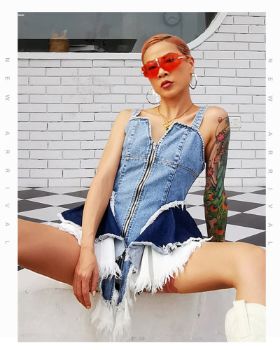 Colored denim waistband slimming tank top with suspenders