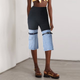 High waisted skinny knee panel denim design with fashionable contrast color elastic waistband capris