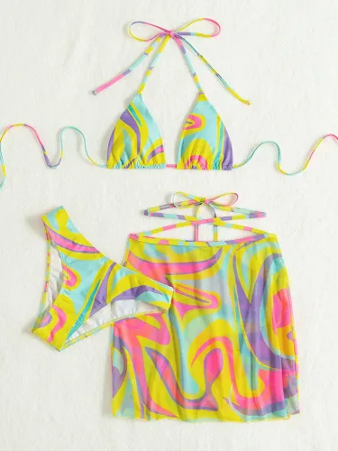 Printed Cross Strap Beach Bikini Three Piece Set