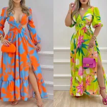 Women's printed temperament commuting long high waisted slit sexy dress