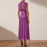 Chiffon small standing neck solid color patchwork slim fitting long swing dress