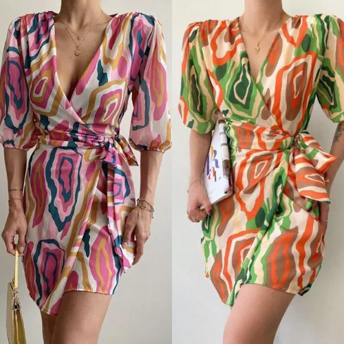 Women's printed sexy pleated V-neck waistband casual dress