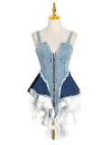 Colored denim waistband slimming tank top with suspenders