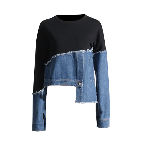 Fashionable personality, asymmetrical design, washable denim patchwork, loose casual sweater