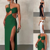 Women's personalized trend, one shoulder, revealing and fashionable slit dress