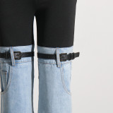 High waisted skinny knee panel denim design with fashionable contrast color elastic waistband capris