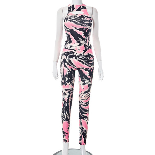 Tight and perforated printed vest, top, pants, casual set