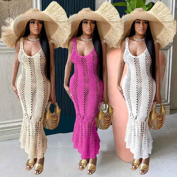 Women's sexy hollow out solid V-neck knitted sleeveless fishtail dress