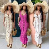 Women's sexy hollow out solid V-neck knitted sleeveless fishtail dress