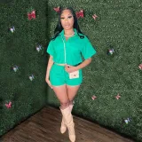 Women's short sleeved shirt set with rubber pocket shorts