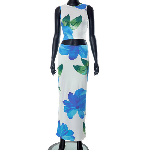 Printed Sleeveless Open Umbilical Tank Top Wrapped Hip Slim Fit Long Dress Set
