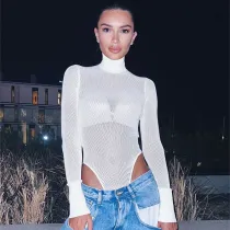 Solid mesh patchwork high neck long sleeved jumpsuit top T-shirt