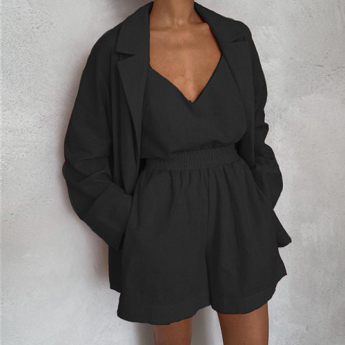 Solid V-neck loose fitting small suit shorts fashion three piece set