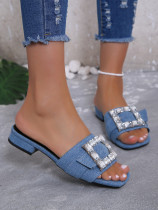 Solid crystal decorative flat bottomed casual outerwear slippers