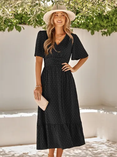 V-neck ruffle sleeve solid color dress for women