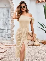 Casual Knitted Oblique Collar Waist Split Dress for Women