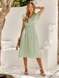 Solid V-neck waistband fresh style dress for women