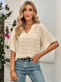 Casual style V-neck solid color wool ball top for women