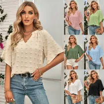 Casual style V-neck solid color wool ball top for women