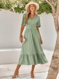V-neck ruffle sleeve solid color dress for women