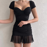 Sexy mesh patchwork casual fashion short skirt temperament pleated chest cup A swing dress