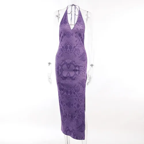 Animal Pattern Spicy Girl Open Back Dress Feminine V-Neck Hanging Neck Split Long Dress