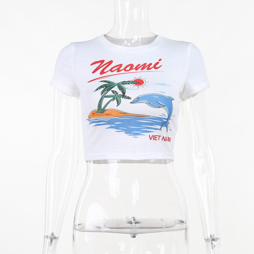 Casual Versatile Slim Fit Crop top Beach Print Short Sleeve T-shirt