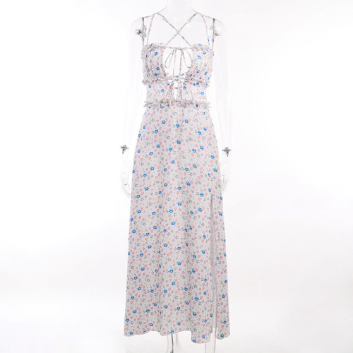 Temperament casual vacation style open back long dress with a chest cut out floral sexy split dress