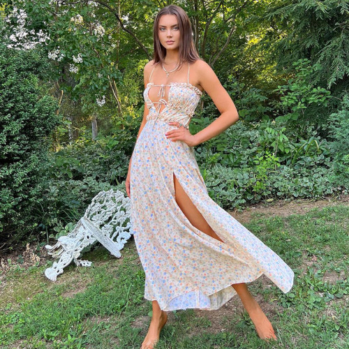 Temperament casual vacation style open back long dress with a chest cut out floral sexy split dress