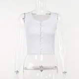 Casual versatile slim fitting waistband solid color shirt top lace button design tank top