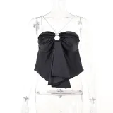 Sexy Slim Fit Hollow out Sparkling Stripe Hanging Neck Plaque Satin Top
