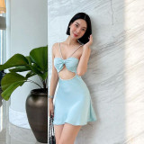 Temperament, Sexy, Slim Fit, Chest Showing, Spicy Girl Wrap Hip Short Skirt, Hollow out Satin Suspended Dress