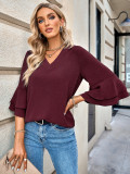 Solid loose V-neck ruffle sleeve top for women's clothing