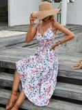 Printed strap V-neck waist up dress