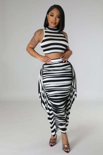 Black and white striped pleated skirt skirt two-piece set