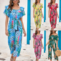 Leaf printed ruffled jumpsuit