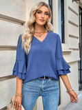Solid loose V-neck ruffle sleeve top for women's clothing
