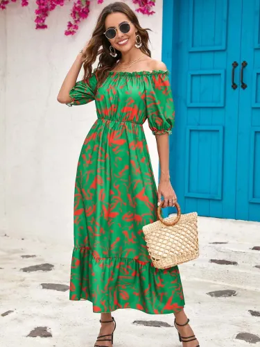 Printed Off Shoulder Large Swing Dress