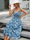 Printed strap V-neck waist up dress