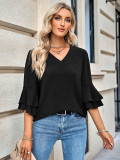 Solid loose V-neck ruffle sleeve top for women's clothing
