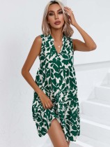 Leaf V-neck Sleeveless Short Dress