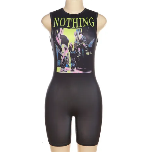 Sexy casual round neck sleeveless printed high waisted buttocks short jumpsuit