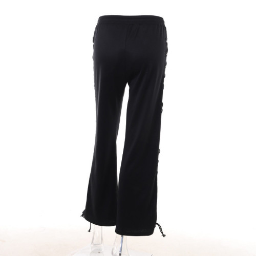Street Versatile Slim Fit Side Split Strap Hollow Wide Leg Pants