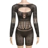 Sexy Hollow Lace Perspective High Waist Tight Knitted One Piece Shorts