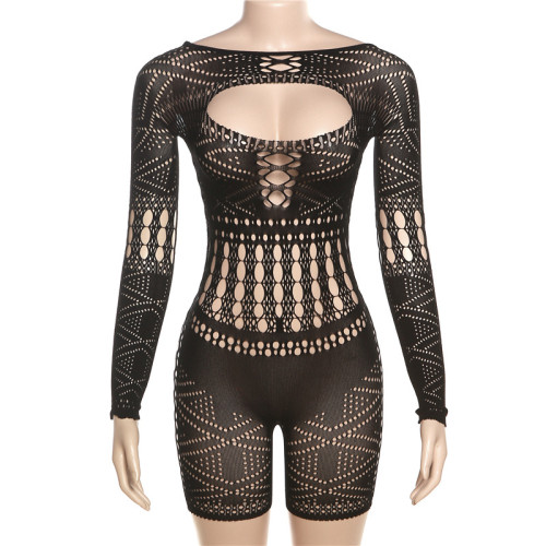 Sexy Hollow Lace Perspective High Waist Tight Knitted One Piece Shorts