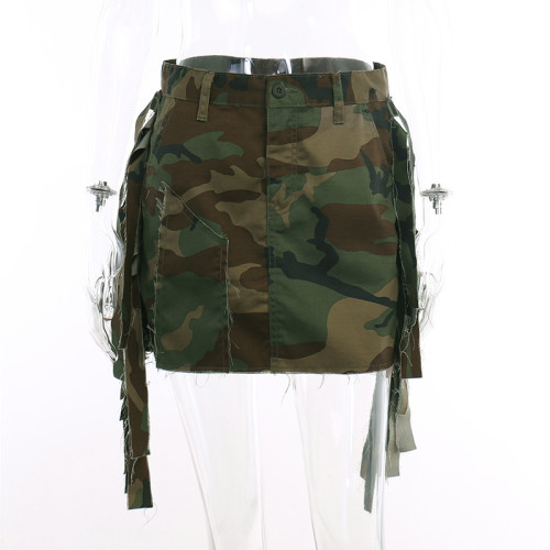 Sexy slim fitting high waisted irregular camouflage denim short skirt