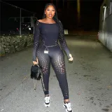Women's sexy long sleeved knitted perspective slim fitting high waisted jumpsuit