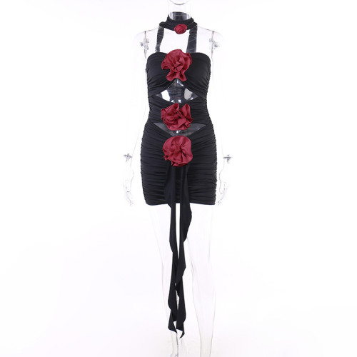 Temperament, Sexy, Slim Fit, Three-dimensional Flower, Ruffle Edge, Strap, Hollow Out Dress
