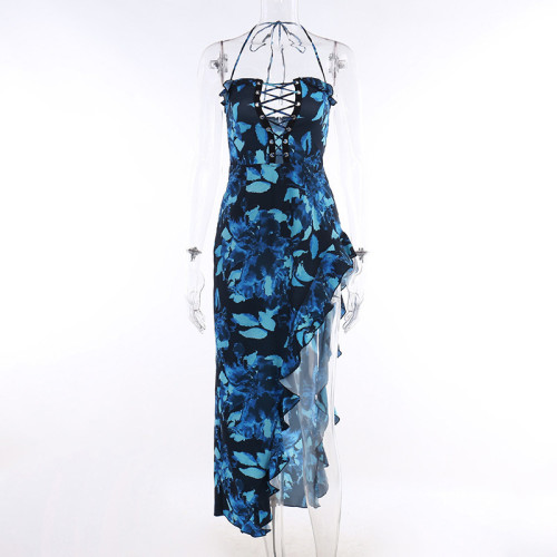 Printed Wave Edge Split Strap Bust Dress